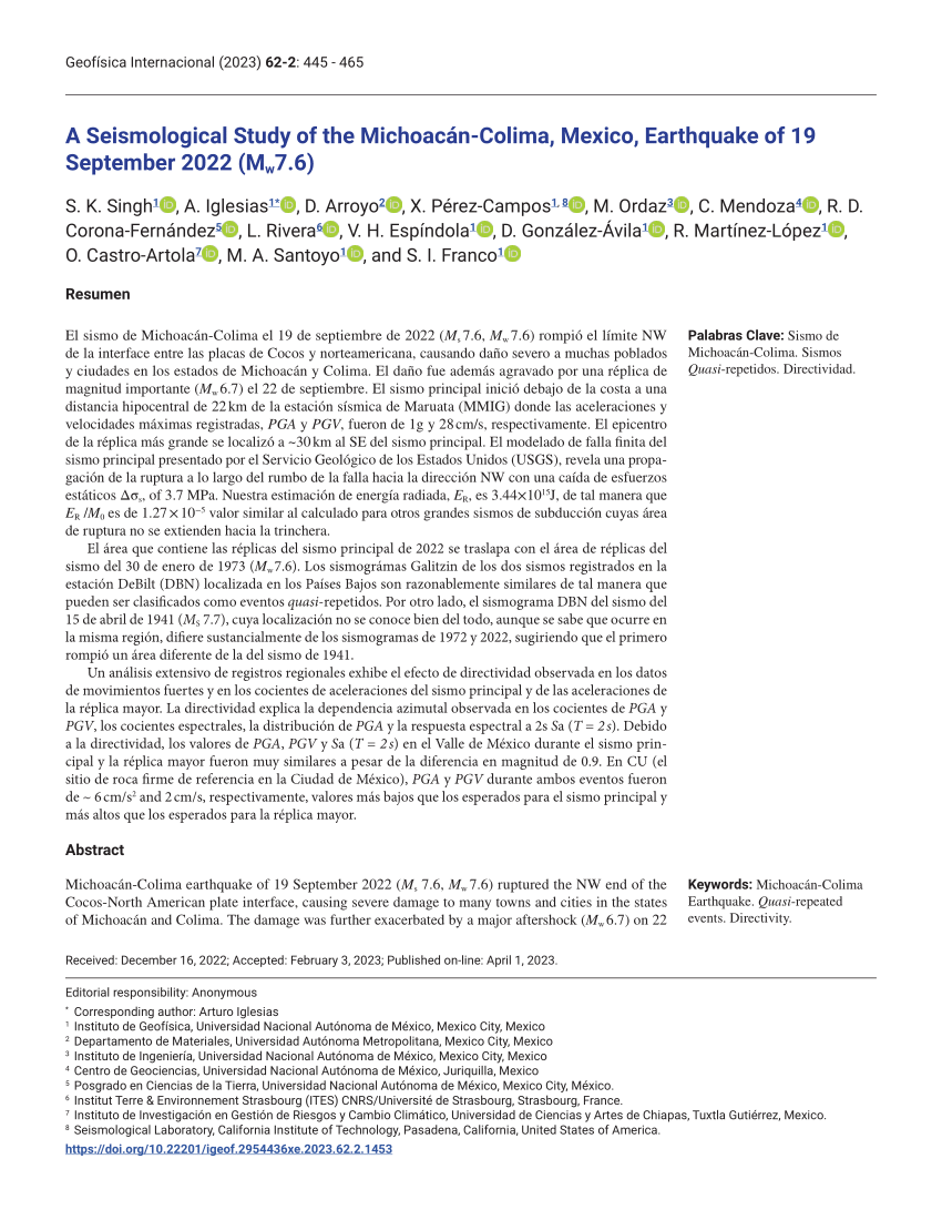 PDF) A Seismological Study of the Michoacán-Colima, Mexico, Earthquake of  19 September 2022 (Mw7.6)