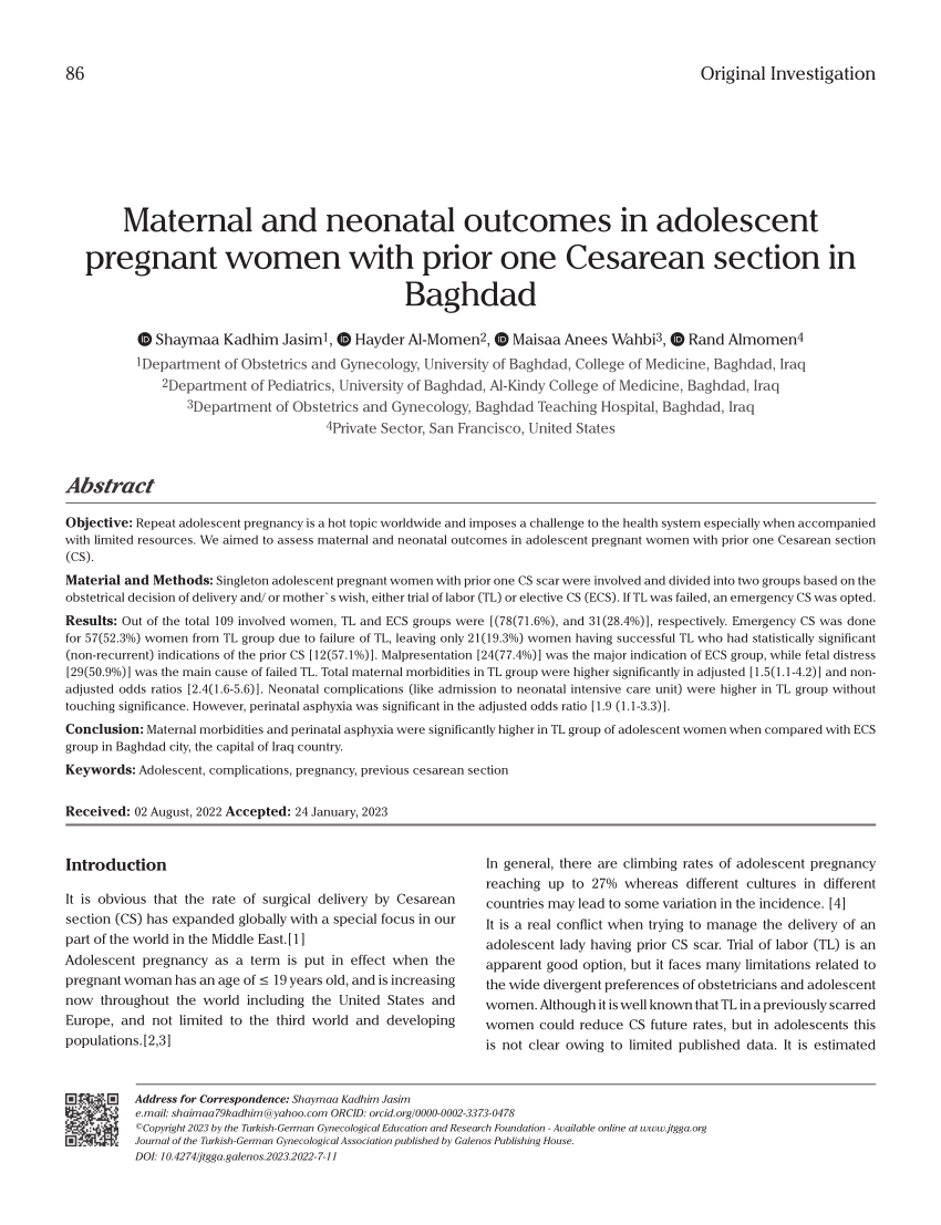 Pdf Maternal And Neonatal Outcomes In Adolescent Pregnant Women With Prior One Cesarean 2706