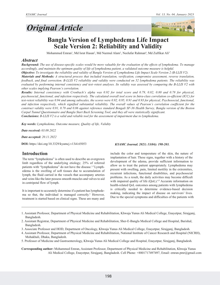 Pdf Bangla Version Of Lymphedema Life Impact Scale Version 2 Reliability And Validity