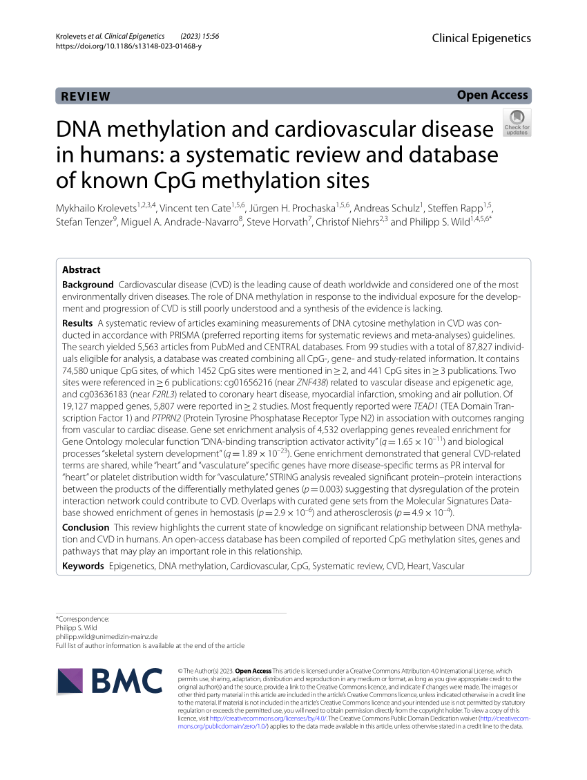PDF) DNA methylation and cardiovascular disease in humans: a systematic  review and database of known CpG methylation sites