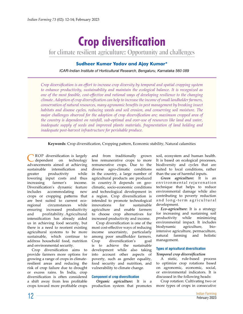 Pdf Crop Diversification For Climate Resilient Agriculture Opportunity And Challenges1