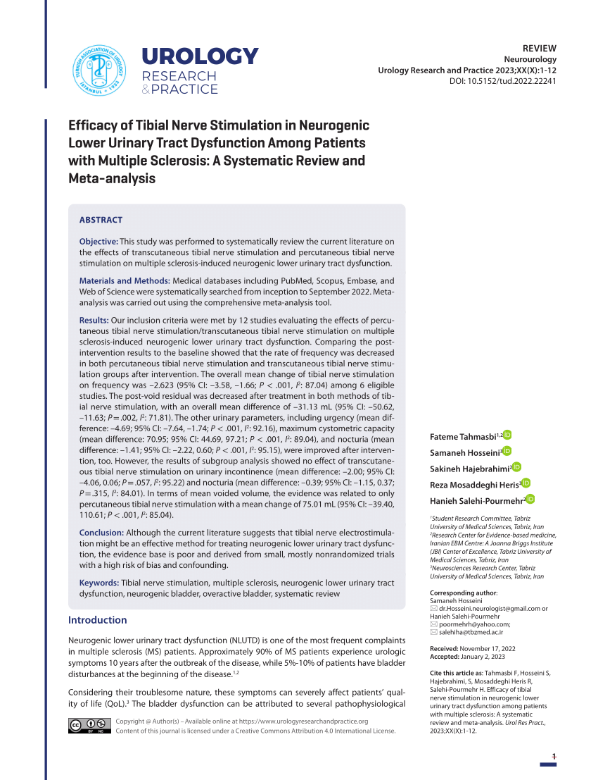 Pdf Efficacy Of Tibial Nerve Stimulation In Neurogenic Lower Urinary Tract Dysfunction Among 1225