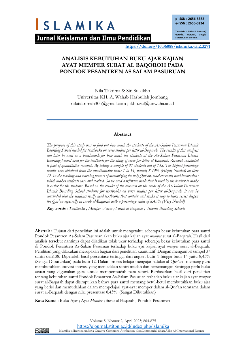 (PDF) Analisis Kebutuhan Buku Ajar Kajian Ayat Memper Surat Al Baqoroh