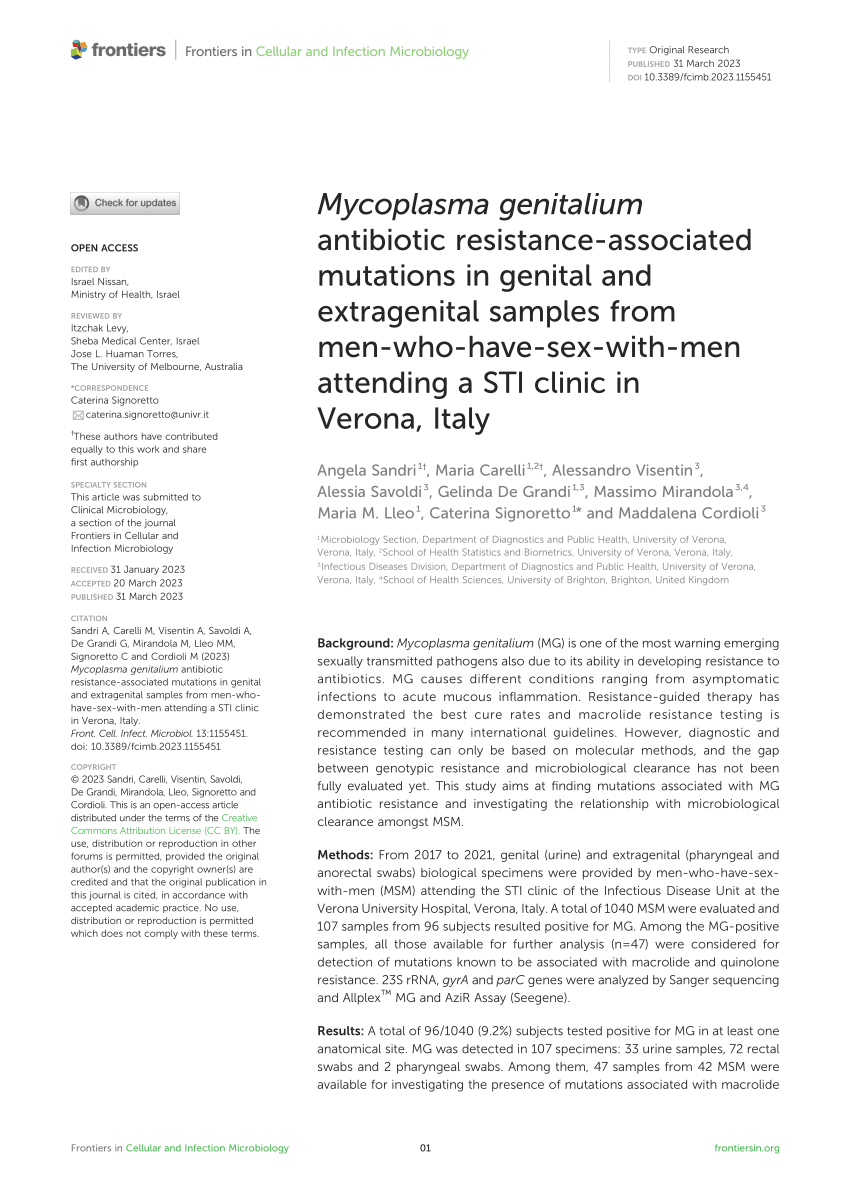 Pdf Mycoplasma Genitalium Antibiotic Resistance Associated Mutations In Genital And