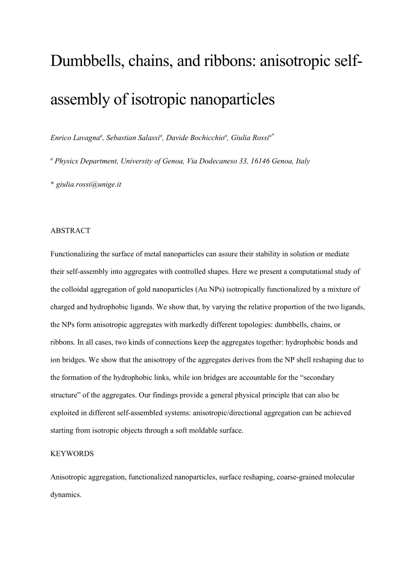 PDF Dumbbells chains and ribbons anisotropic self assembly of