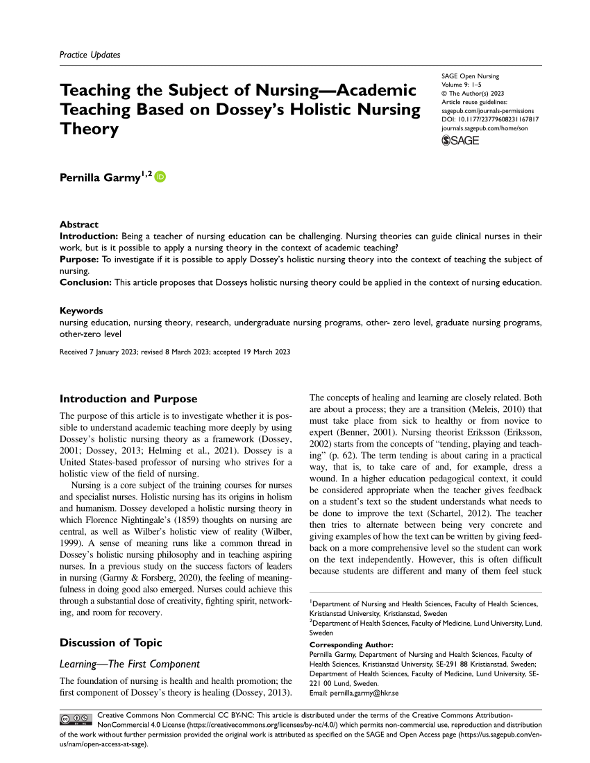 (PDF) Teaching the Subject of Nursing—Academic Teaching Based on Dossey