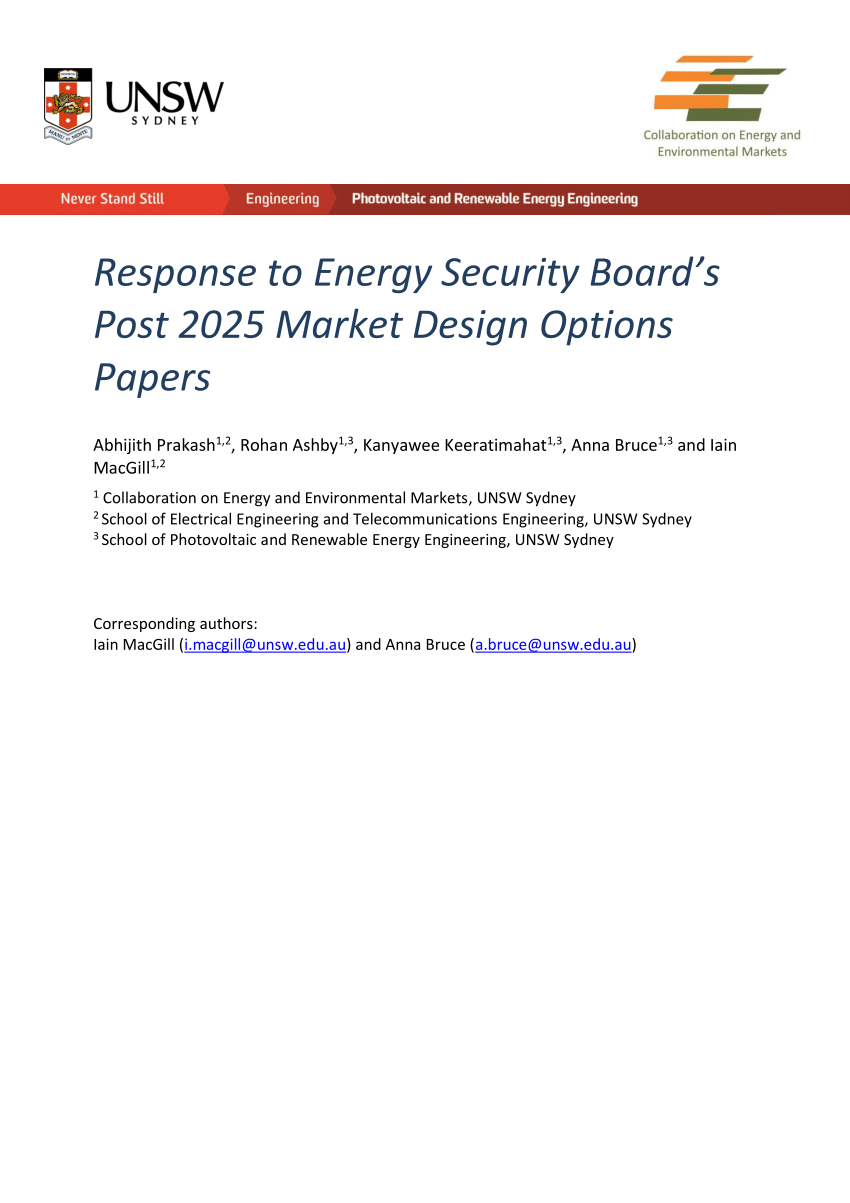 (PDF) UNSW CEEM Response to Post 2025 Market Design Options Paper