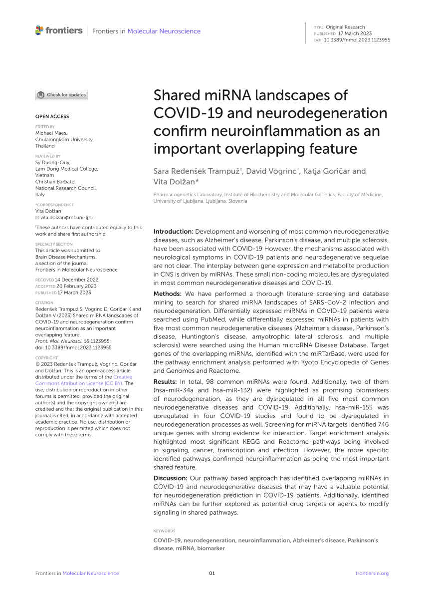 PDF) Shared miRNA landscapes of COVID-19 and neurodegeneration 