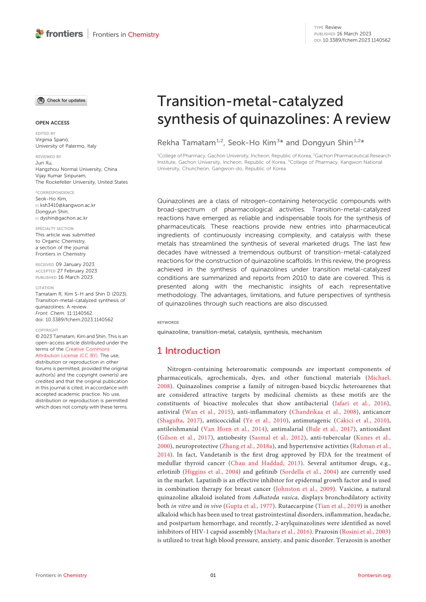 Pdf Transition Metal Catalyzed Synthesis Of Quinazolines A Review 9657