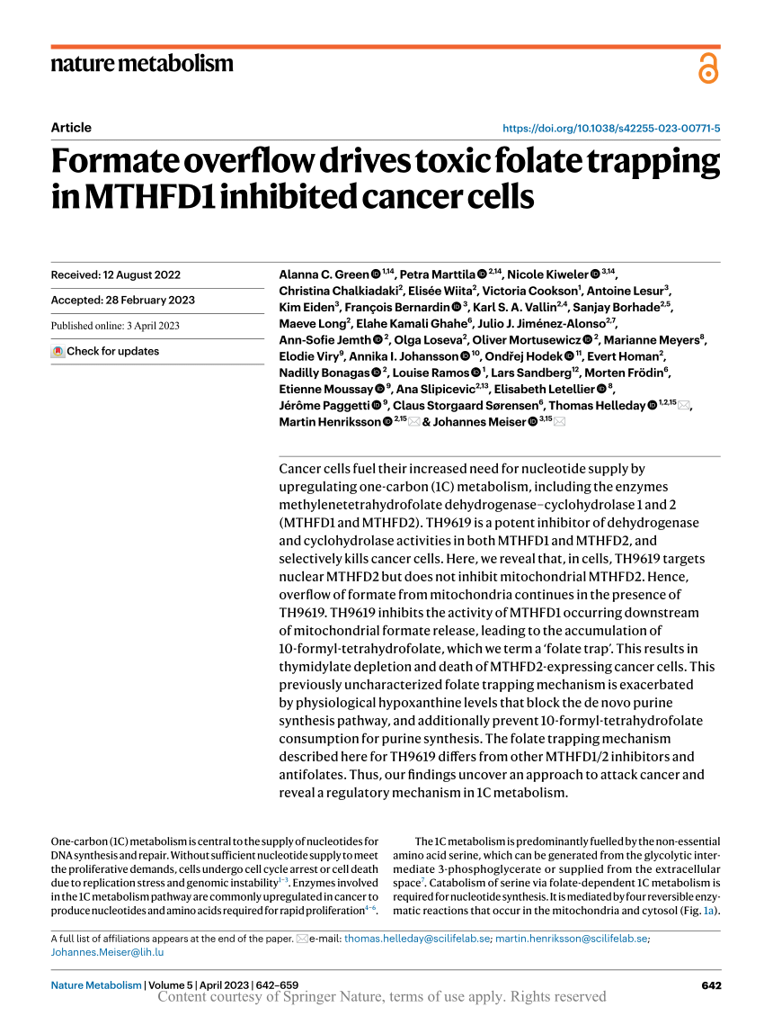 Pdf Formate Overflow Drives Toxic Folate Trapping In Mthfd1 Inhibited