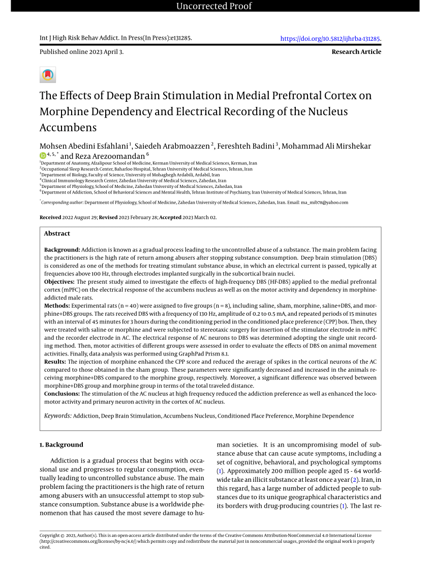 Pdf The Effects Of Deep Brain Stimulation In Medial Prefrontal Cortex On Morphine Dependency 2589