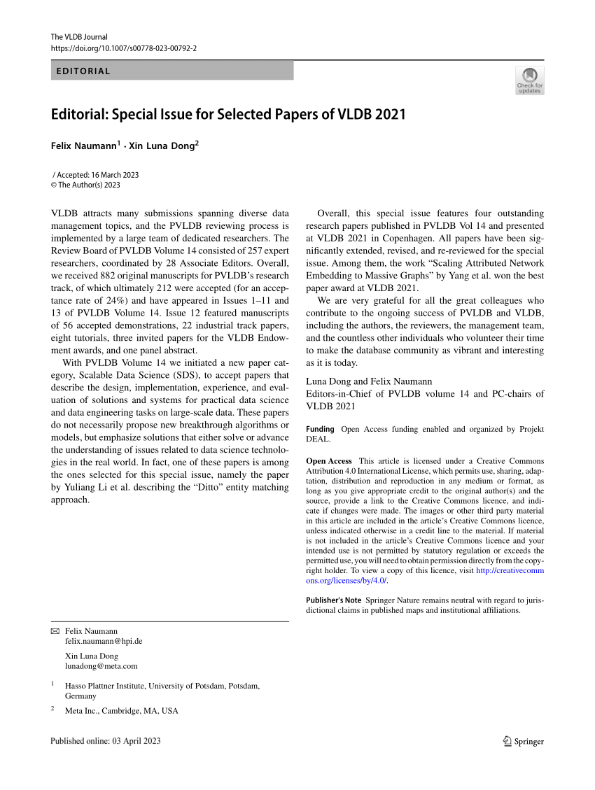 (PDF) Editorial Special Issue for Selected Papers of VLDB 2021