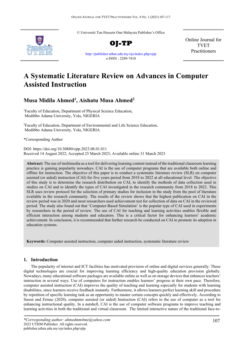 literature review on computer assisted instruction