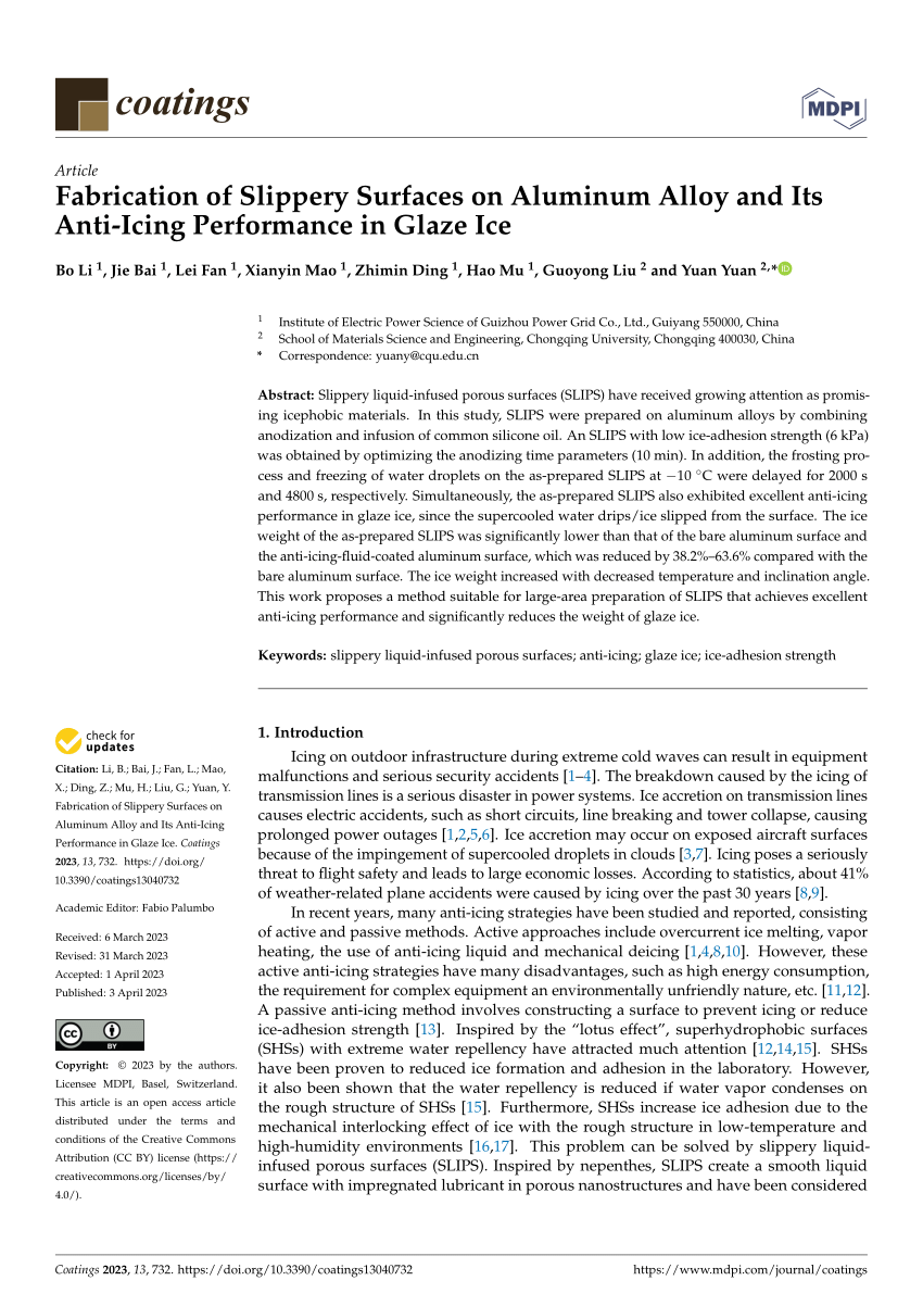 PDF) Fabrication of Slippery Surfaces on Aluminum Alloy and Its Anti-Icing  Performance in Glaze Ice