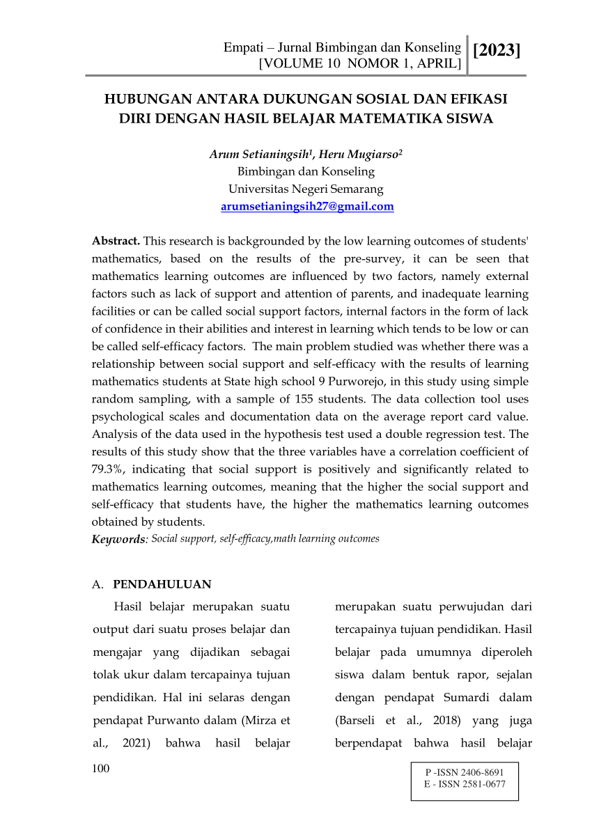 Pdf Hubungan Antara Dukungan Sosial Dan Efikasi Diri Dengan Hasil Belajar Matematika Siswa 5212