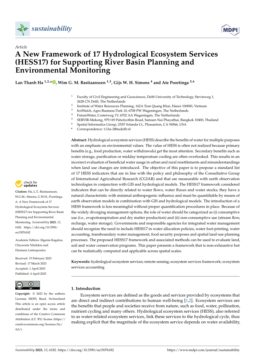 Pdf A New Framework Of 17 Hydrological Ecosystem Services Hess17 For Supporting River Basin 6783