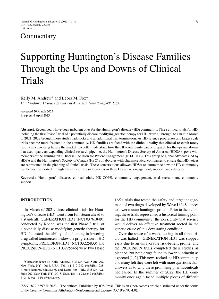 Pdf Supporting Huntingtons Disease Families Through The Ups And Downs Of Clinical Trials 9707