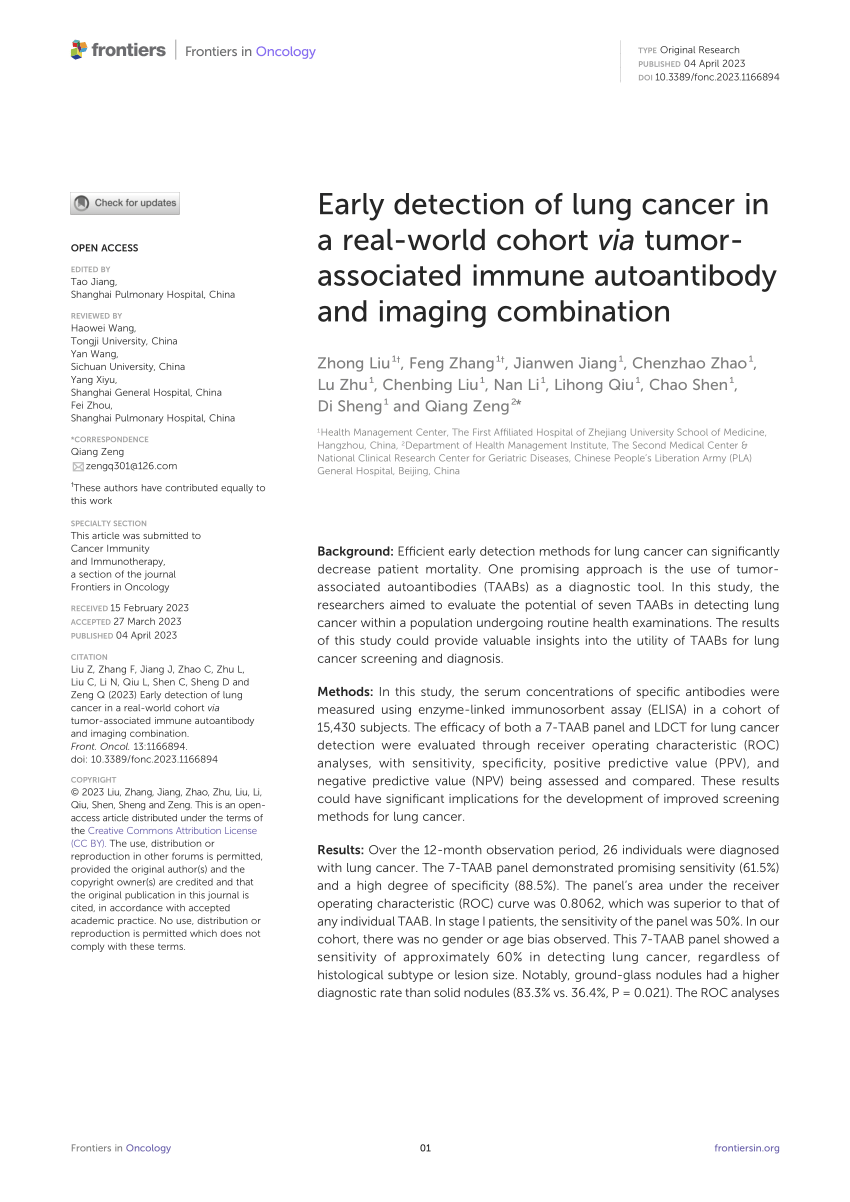 Pdf Early Detection Of Lung Cancer In A Real World Cohort Via Tumor