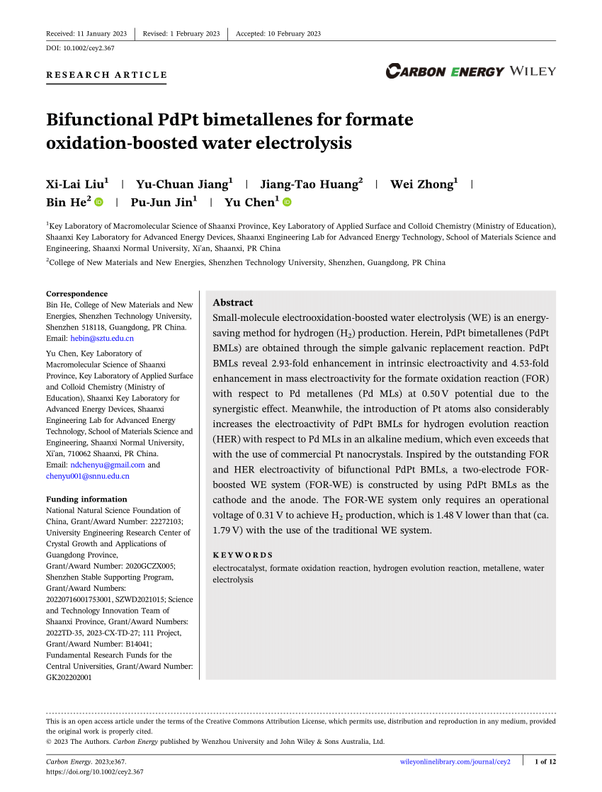 PDF) Bifunctional PdPt bimetallenes for formate oxidation‐boosted 
