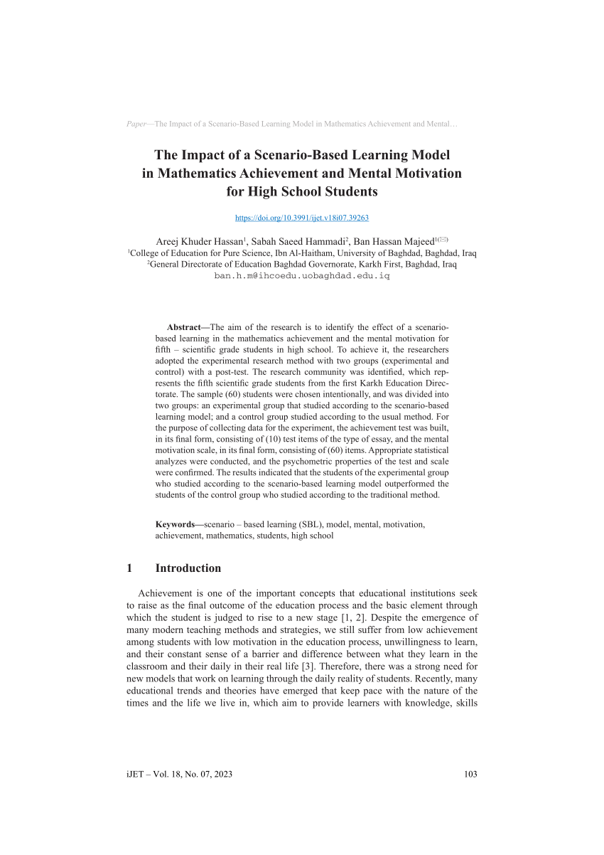 PDF) The Impact of a Scenario-Based Learning Model in Mathematics  Achievement and Mental Motivation for High School Students