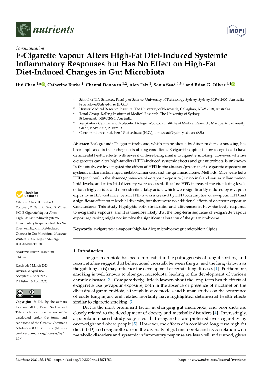 PDF E Cigarette Vapour Alters High Fat Diet Induced Systemic