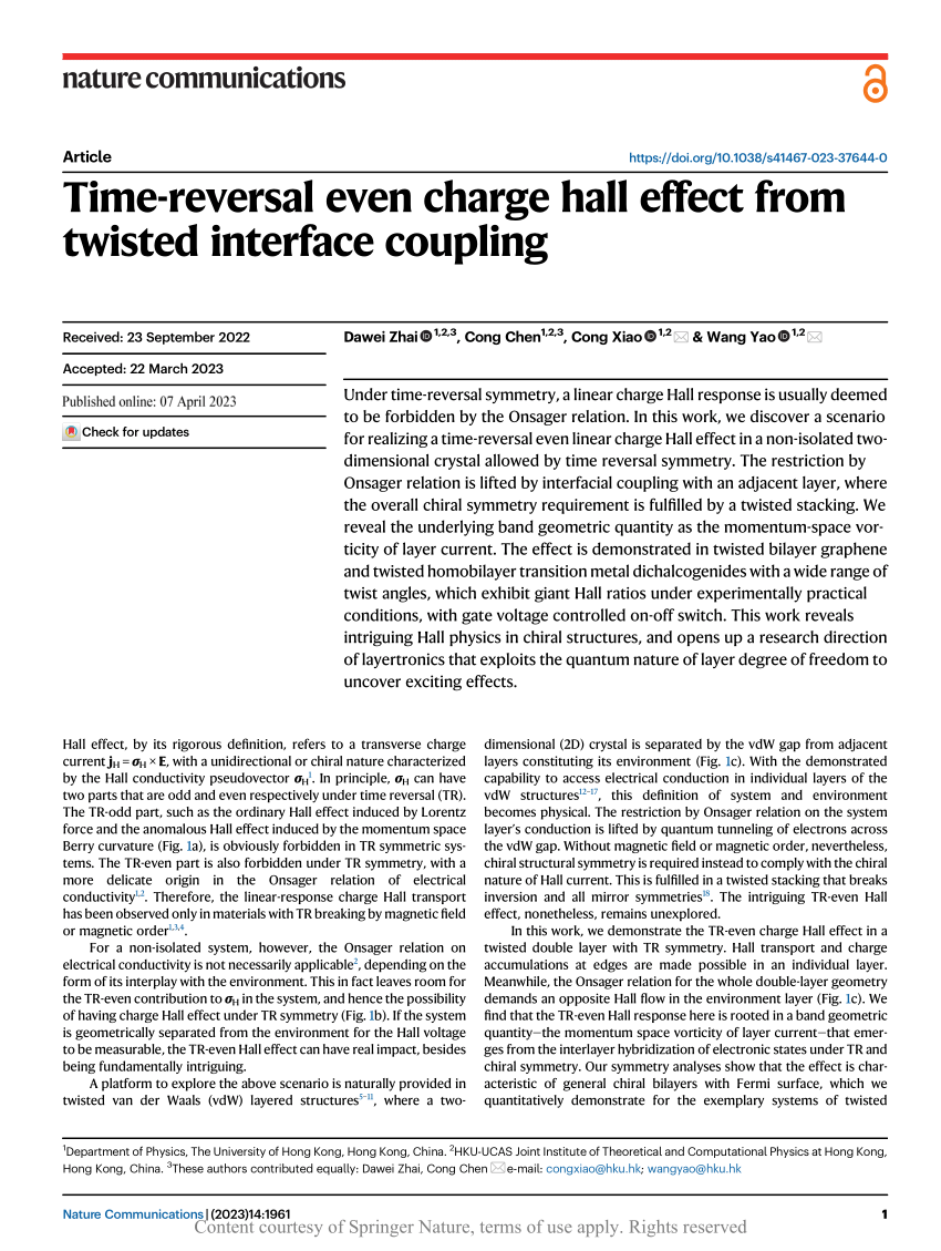 PDF) Time-reversal even charge hall effect from twisted interface