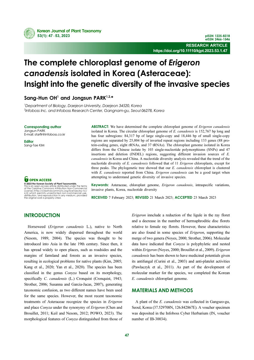 PDF) The complete chloroplast genome of Erigeron canadensis 