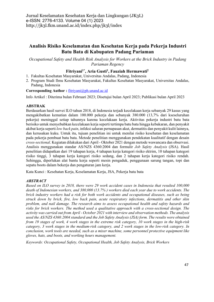 Pdf Analisis Risiko Keselamatan Dan Kesehatan Kerja Pada Pekerja Industri Pembuatan Batu Bata