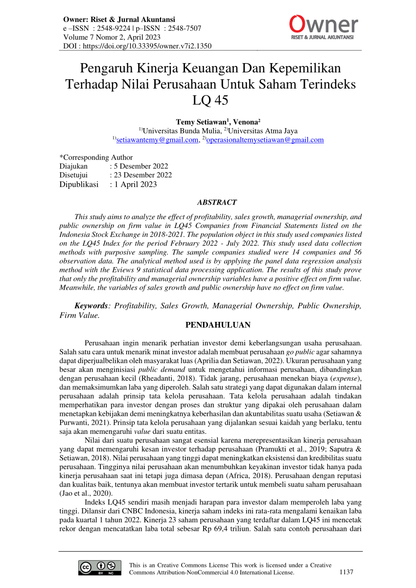 Pdf Pengaruh Kinerja Keuangan Dan Kepemilikan Terhadap Nilai Perusahaan Untuk Saham Terindeks 9415