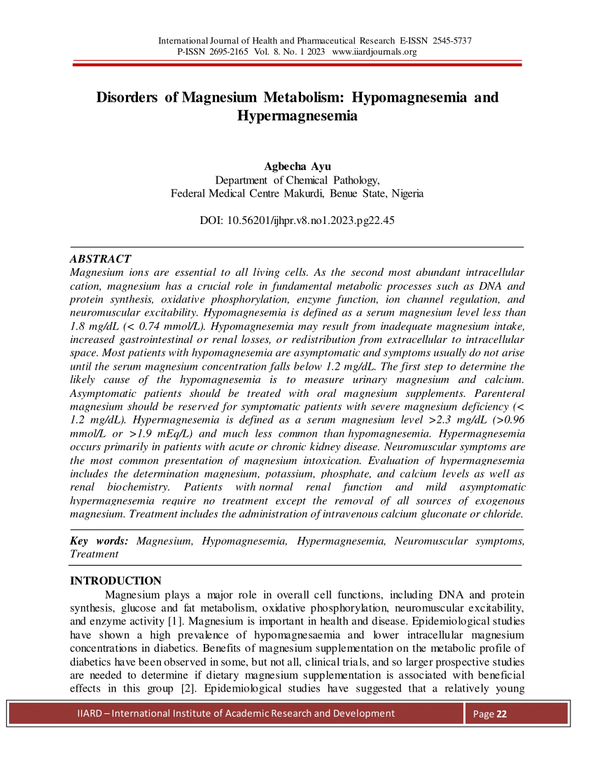 PDF) Disorders of Magnesium Metabolism: Hypomagnesemia and Hypermagnesemia