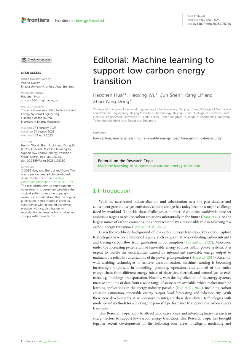 Pdf Editorial Machine Learning To Support Low Carbon Energy Transition