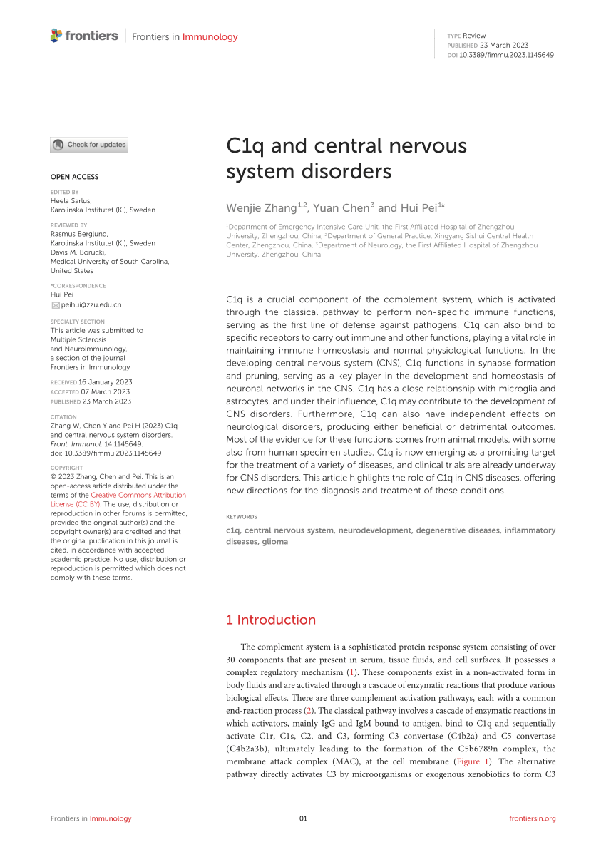 Frontiers  C1q and central nervous system disorders