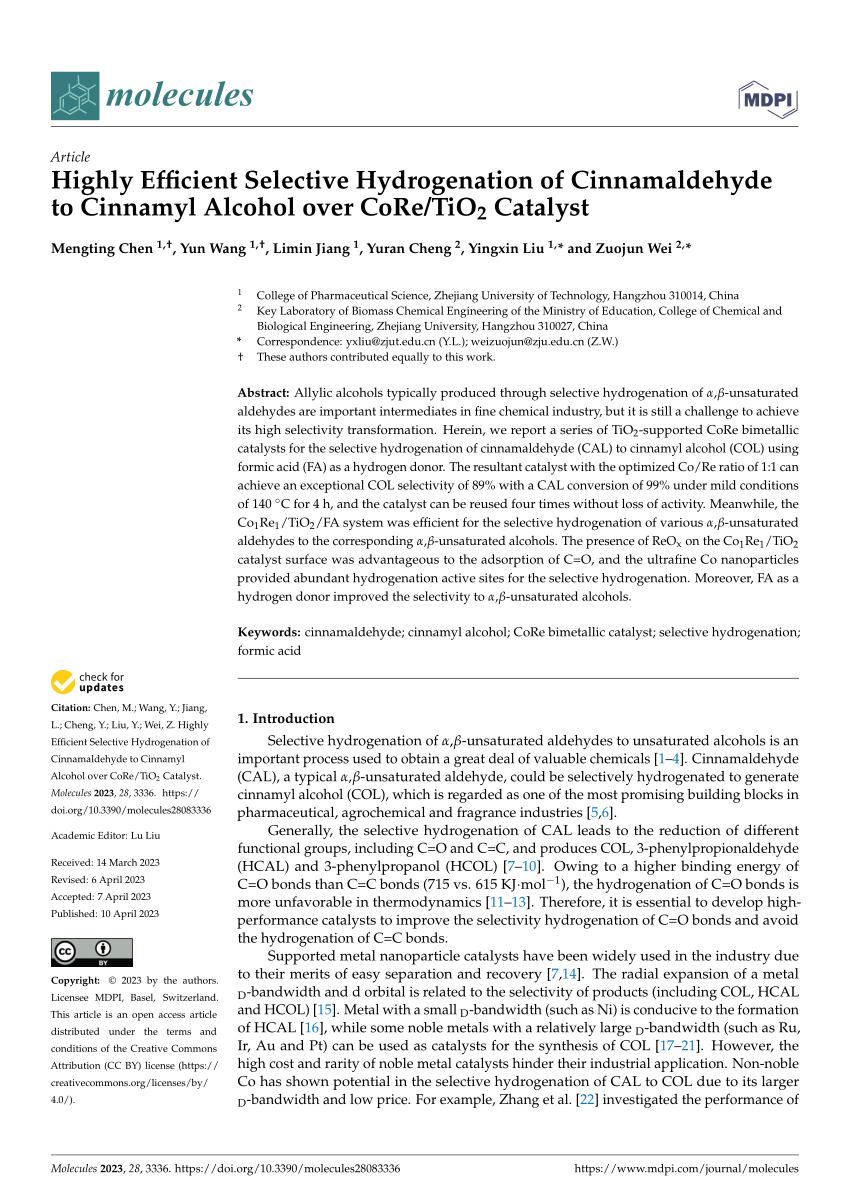 Pdf Highly Efficient Selective Hydrogenation Of Cinnamaldehyde To