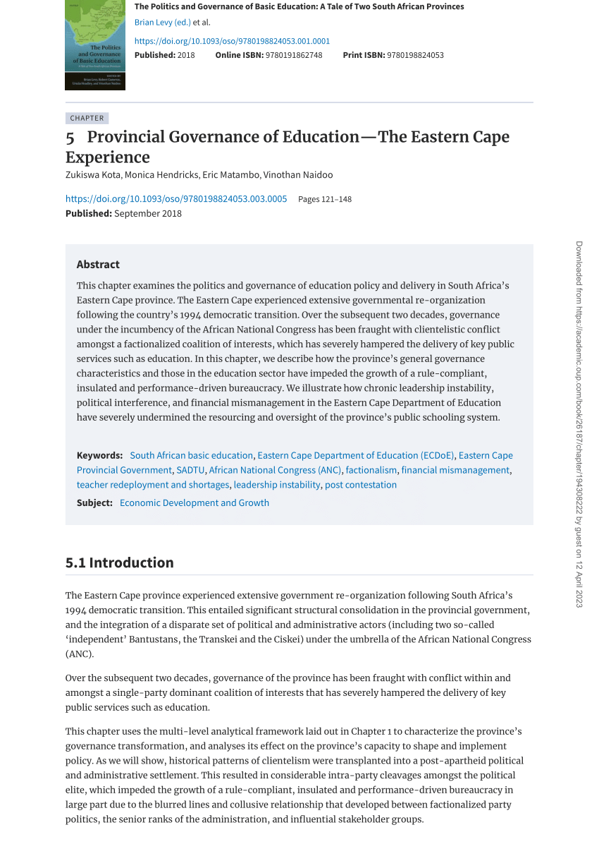 (PDF) Provincial Governance of Education—The Eastern Cape Experience