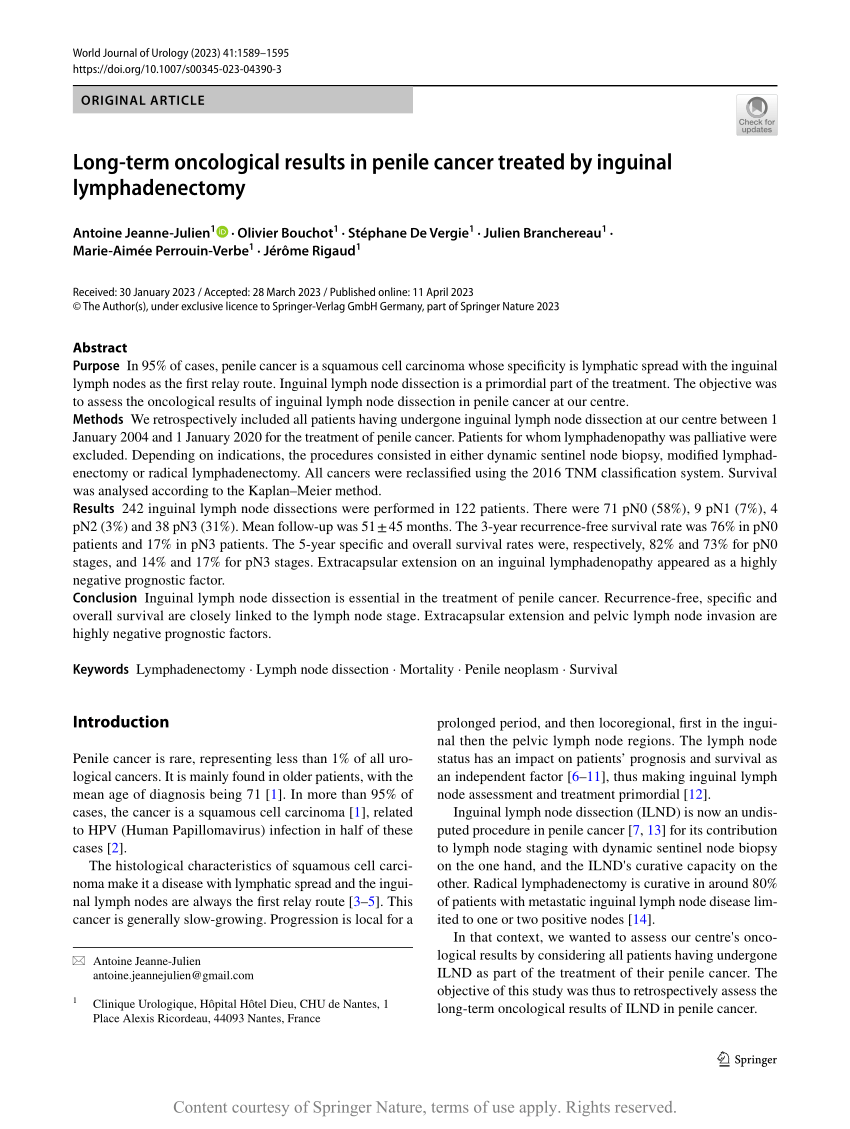 Long Term Oncological Results In Penile Cancer Treated By Inguinal Lymphadenectomy Request Pdf 