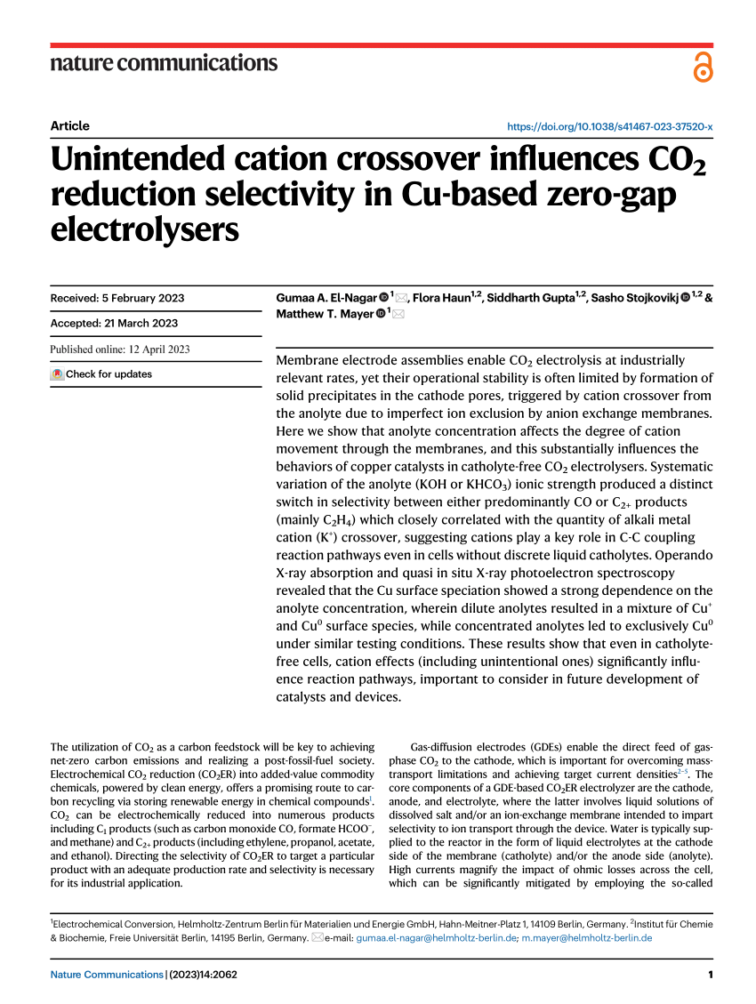 PDF) Unintended cation crossover influences CO 2 reduction selectivity in  Cu-based zero-gap electrolysers