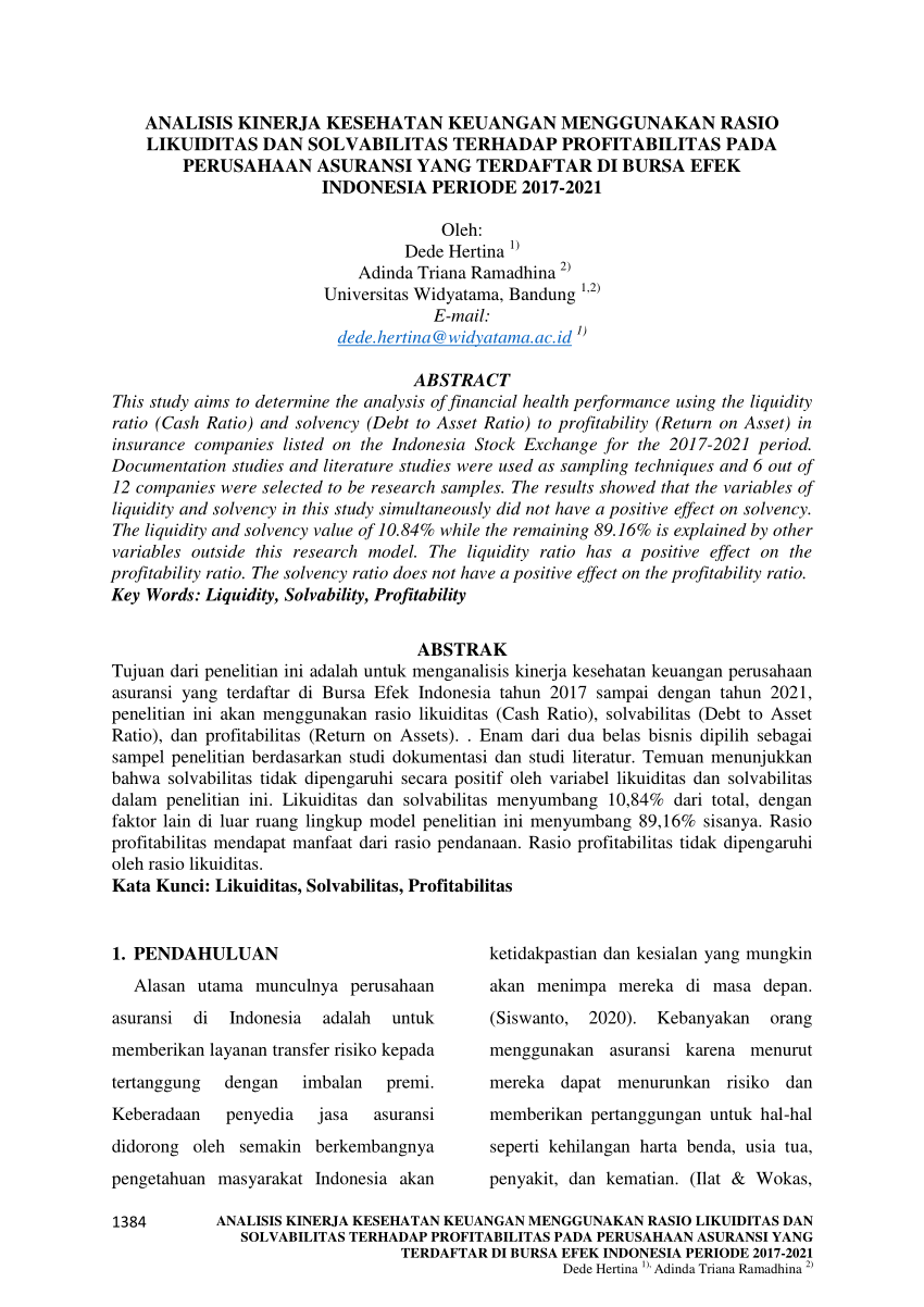 Pdf Analisis Kinerja Kesehatan Keuangan Menggunakan Rasio Likuiditas Dan Solvabilitas Terhadap 5407