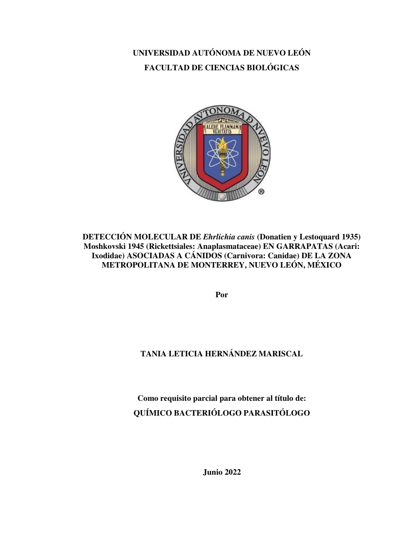 (PDF) DETECCIÓN MOLECULAR DE Ehrlichia canis (Donatien y Lestoquard ...