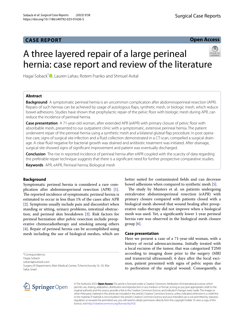 Pdf A Three Layered Repair Of A Large Perineal Hernia Case Report