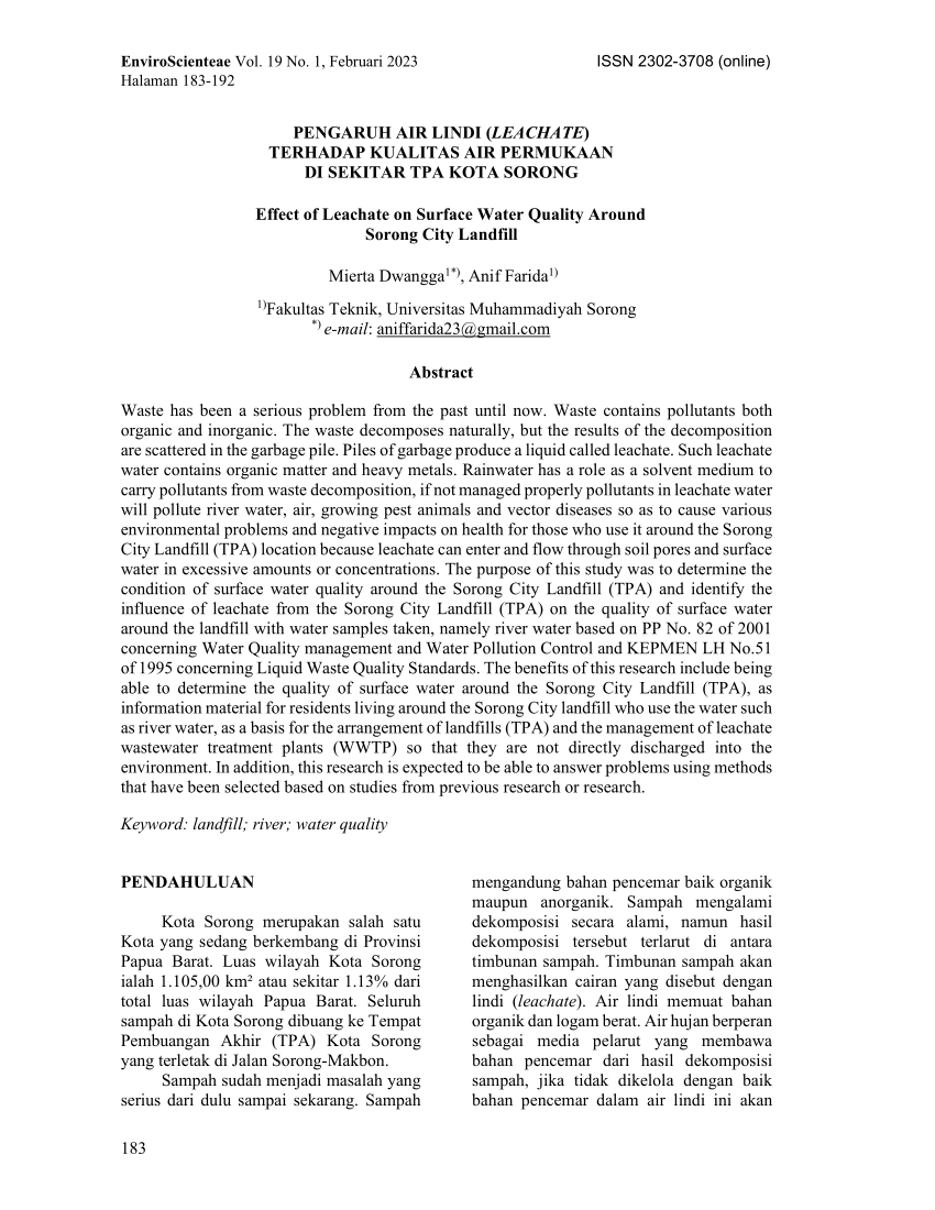 Pdf Pengaruh Air Lindi Leachate Terhadap Kualitas Air Permukaan Di