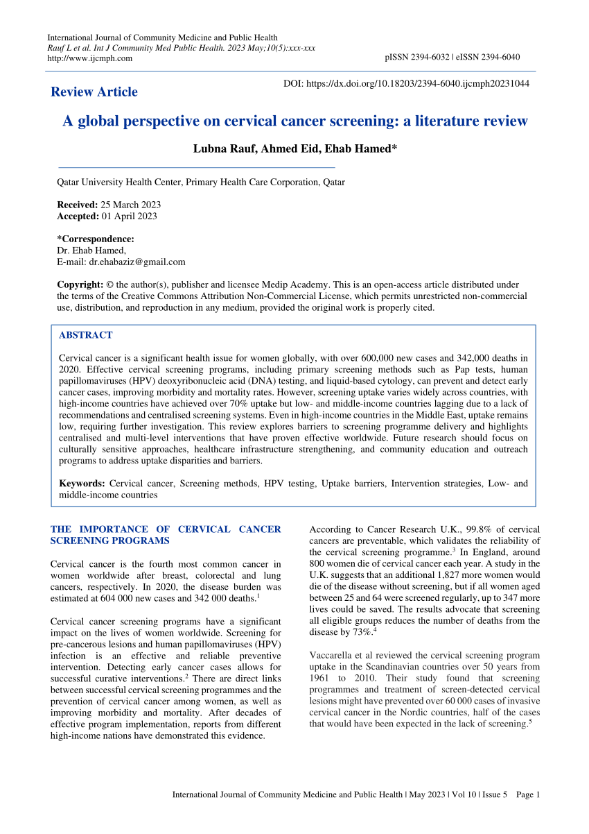 literature review of cervical cancer screening