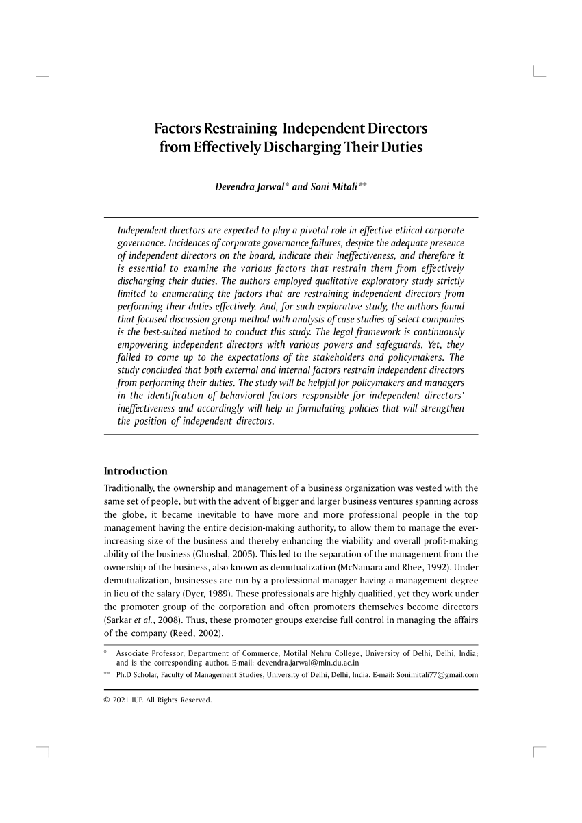 Pdf Factors Restraining Independent Directors From Effectively Discharging Their Duties 4571