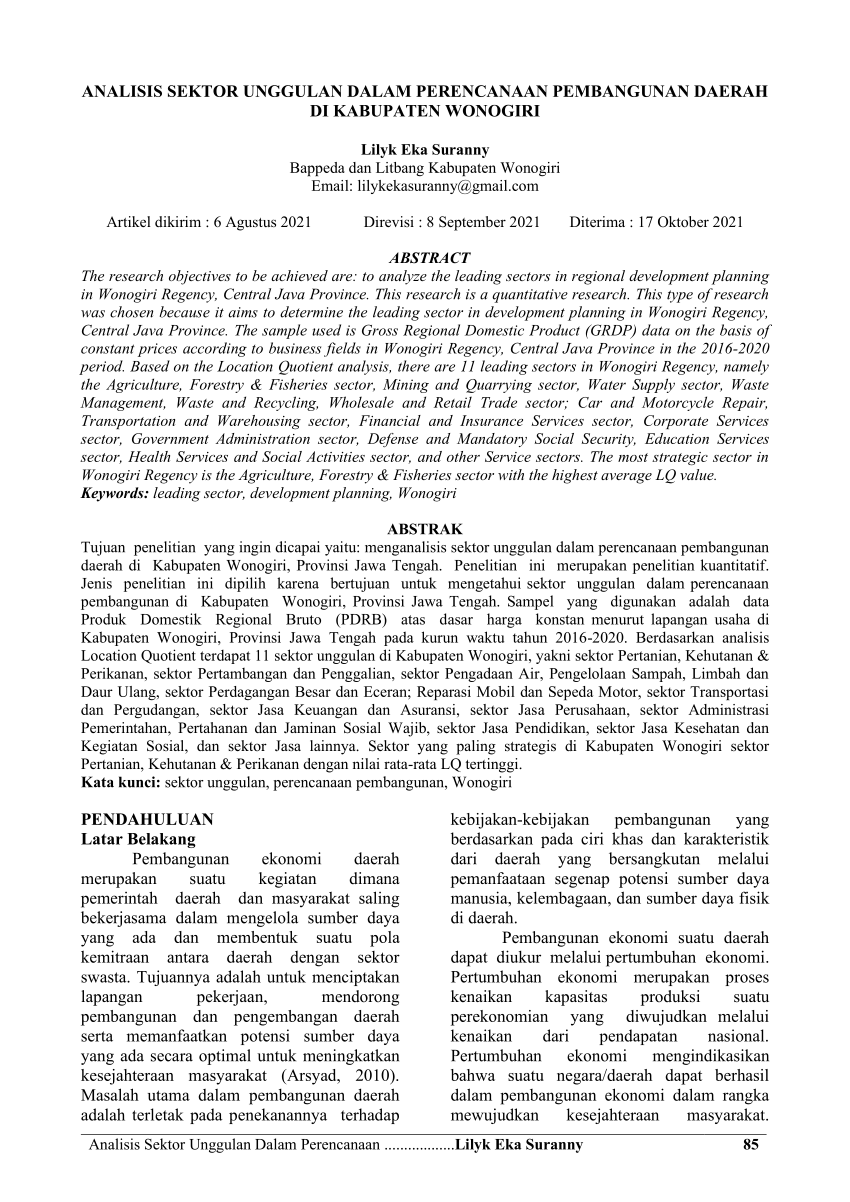 Pdf Analisis Sektor Unggulan Dalam Perencanaan Pembangunan Daerah Di Kabupaten Wonogiri 
