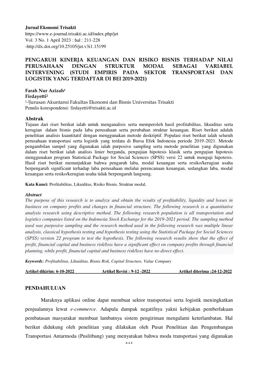 Pdf Pengaruh Kinerja Keuangan Dan Risiko Bisnis Dengan Struktur Modal 2987