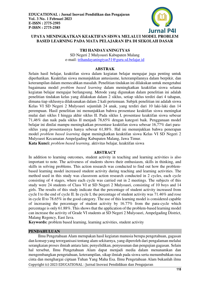 Pdf Upaya Meningkatkan Keaktifan Siswa Melalui Model Problem Based Learning Pada Mata 