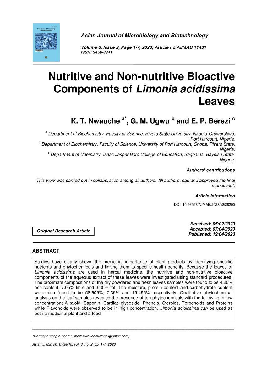 Pdf Nutritive And Non Nutritive Bioactive Components Of Limonia Acidissima Leaves