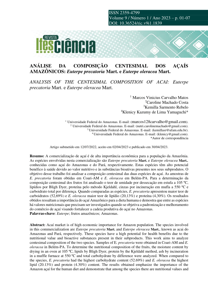 Pdf AnÁlise Da ComposiÇÃo Centesimal Dos AÇaÍs AmazÔnicos Euterpe Precatoria Mart E Euterpe 7751