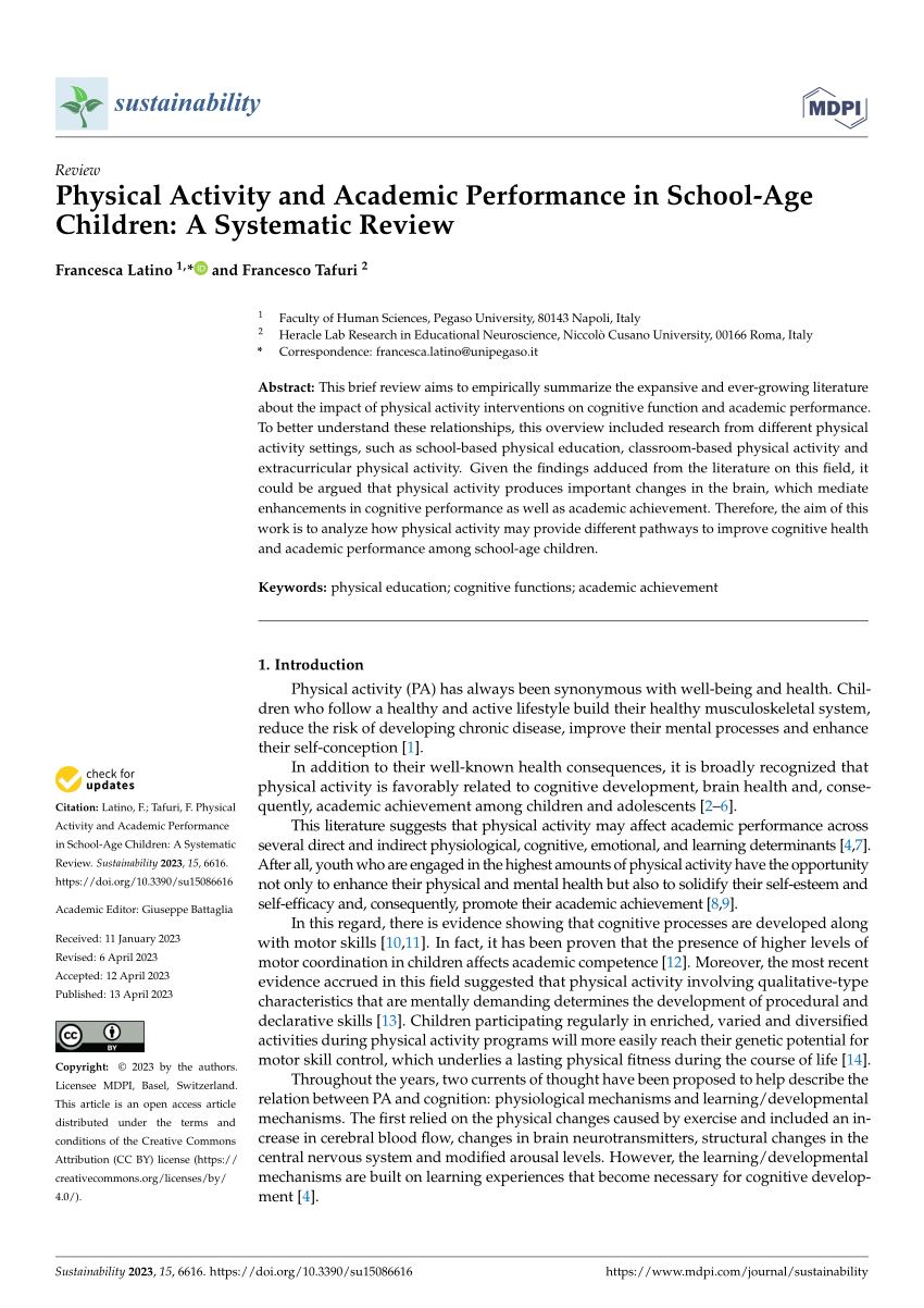 research articles on physical activity and academic performance