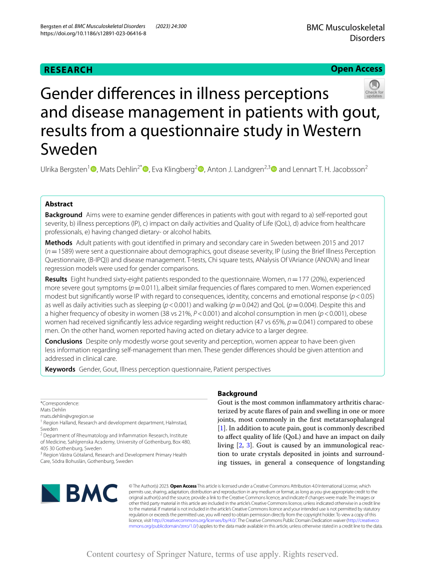 Pdf Gender Differences In Illness Perceptions And Disease Management In Patients With Gout 3048