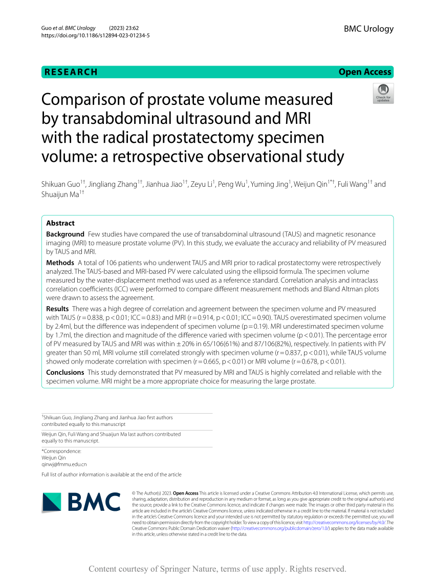 Pdf Comparison Of Prostate Volume Measured By Transabdominal Ultrasound And Mri With The